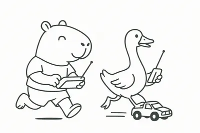Capybara racing an RC Car with a Goose