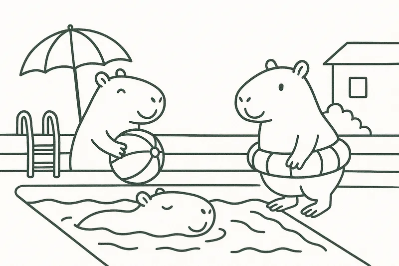 Capybaras relaxing poolside