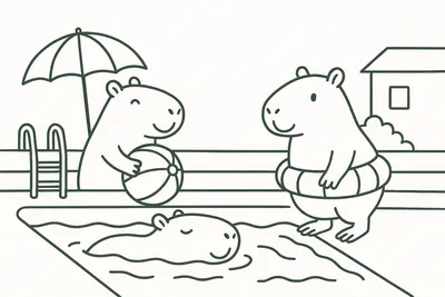 Capybaras relaxing poolside