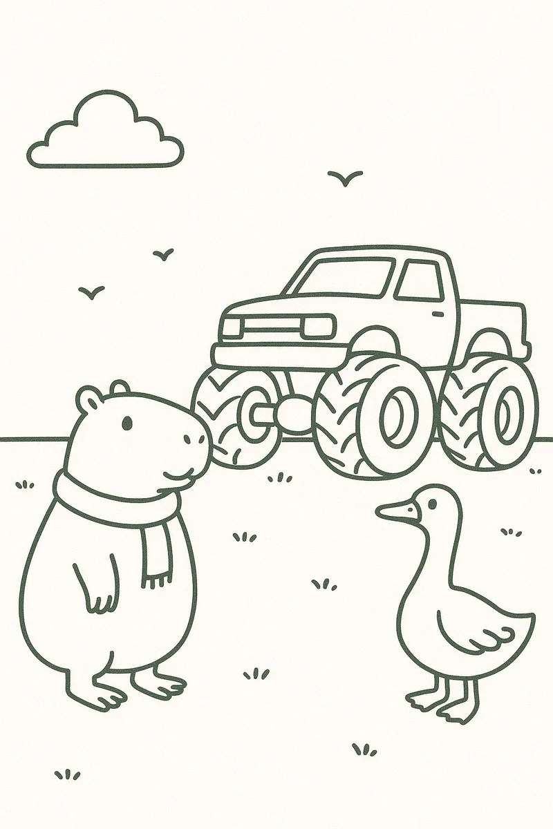 Capybara and Goose Watching a Monster Truck
