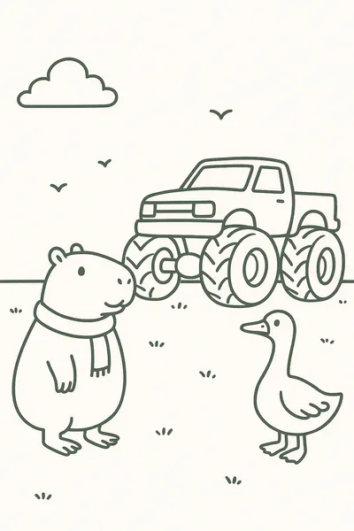 Capybara and Goose Watching a Monster Truck