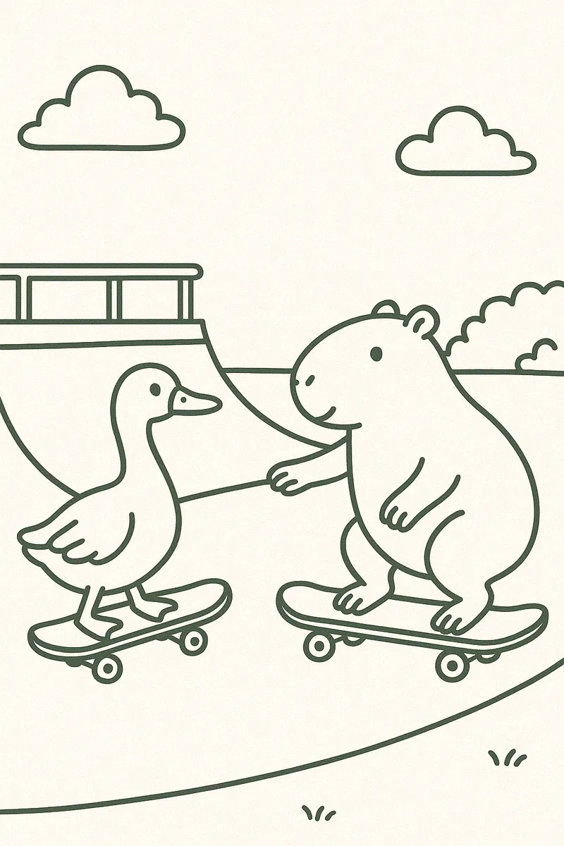 Capybara and Goose Skateboarding