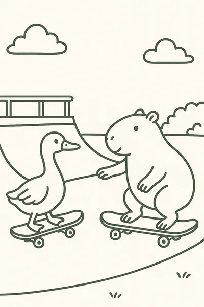 Capybara and Goose Skateboarding