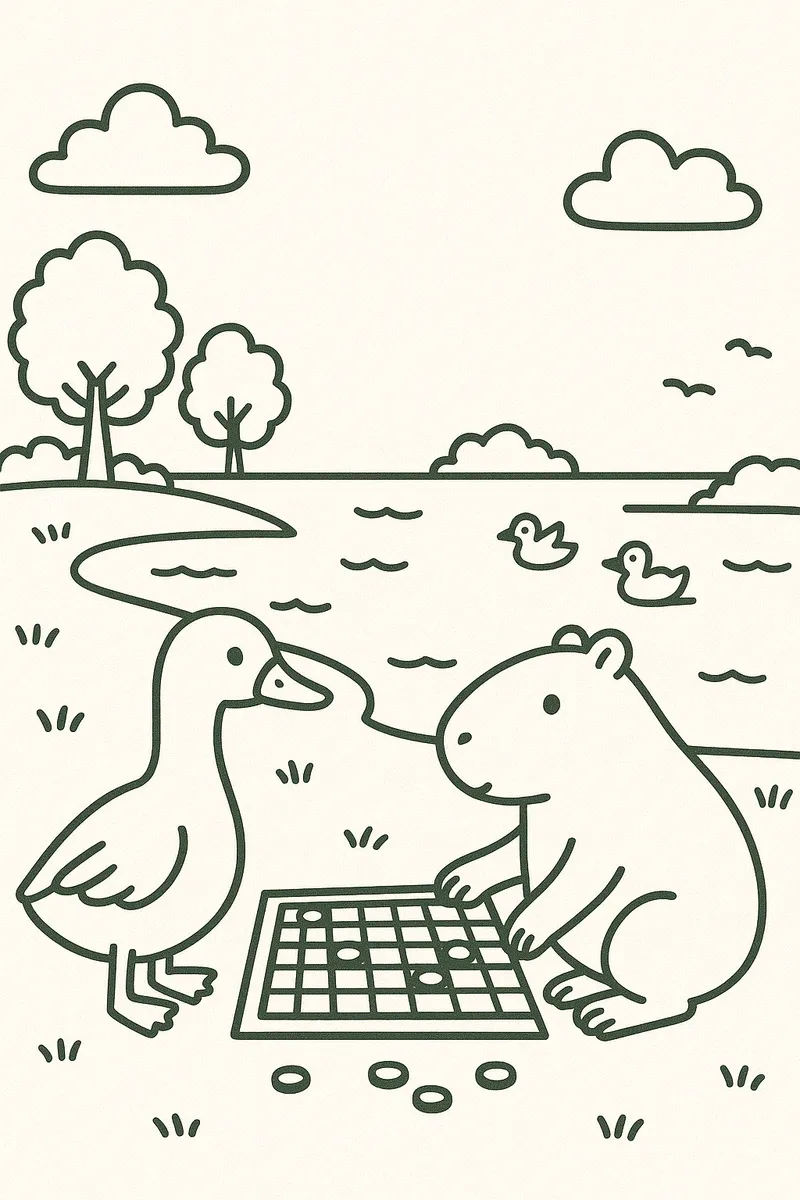 Capybara and Goose Playing a Boardgame