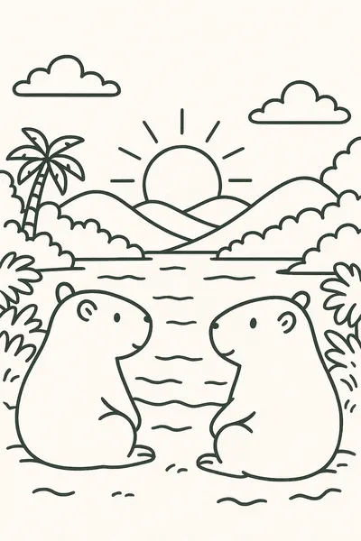 Capybaras watching a sunset together